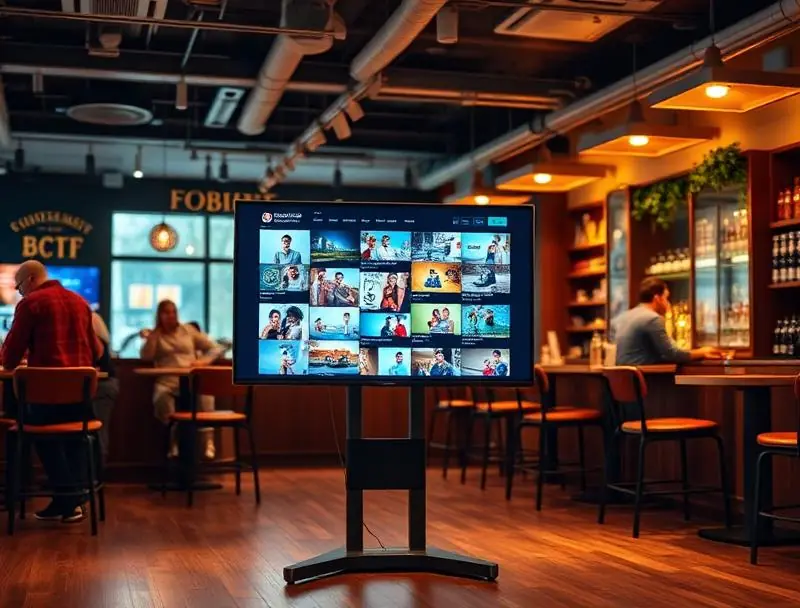 TV screen on floor stand in a bar